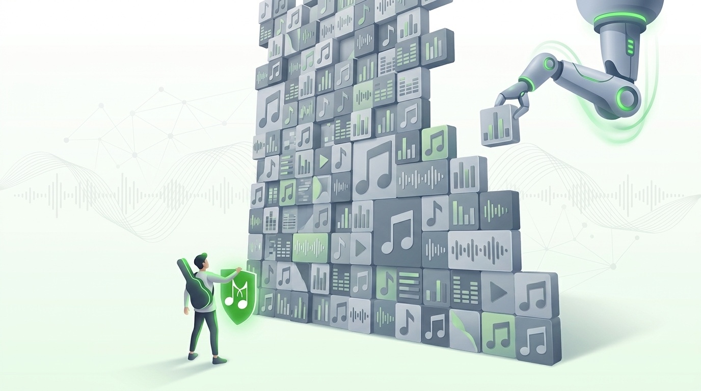 En enkelt musiker over for en mur af musik og AI-genererede numre på streamingtjenesterne